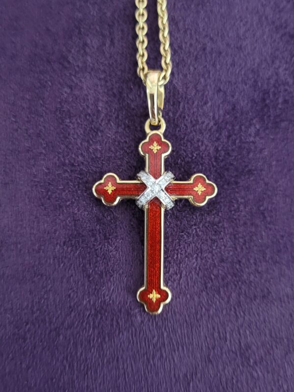 Pre-owned, Faberge Red enamel & Diamond cross with original chain ...